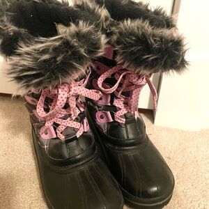 Black and Pink Fur-Lined Winter Boots